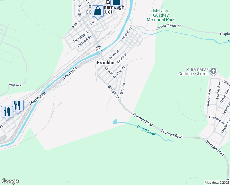 map of restaurants, bars, coffee shops, grocery stores, and more near Bridge Street in Johnstown