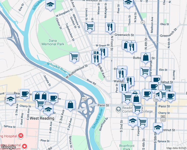map of restaurants, bars, coffee shops, grocery stores, and more near 20 Wedgewood Terrace in Reading