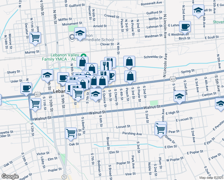 map of restaurants, bars, coffee shops, grocery stores, and more near 450 Cumberland Street in Lebanon