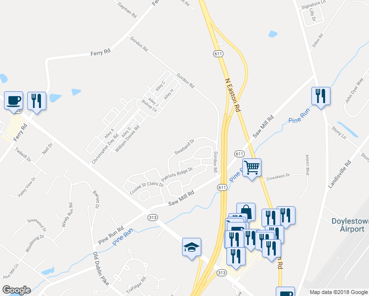 map of restaurants, bars, coffee shops, grocery stores, and more near 3756 Swetland Drive in Doylestown