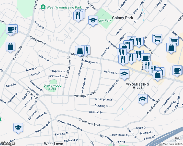 map of restaurants, bars, coffee shops, grocery stores, and more near 23 Dorchester Drive in Reading