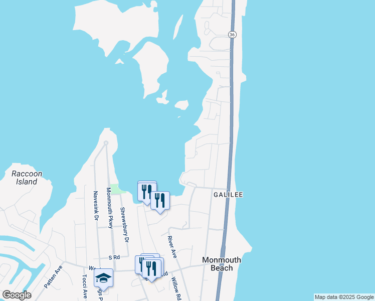 map of restaurants, bars, coffee shops, grocery stores, and more near 28 Park Road in Monmouth Beach