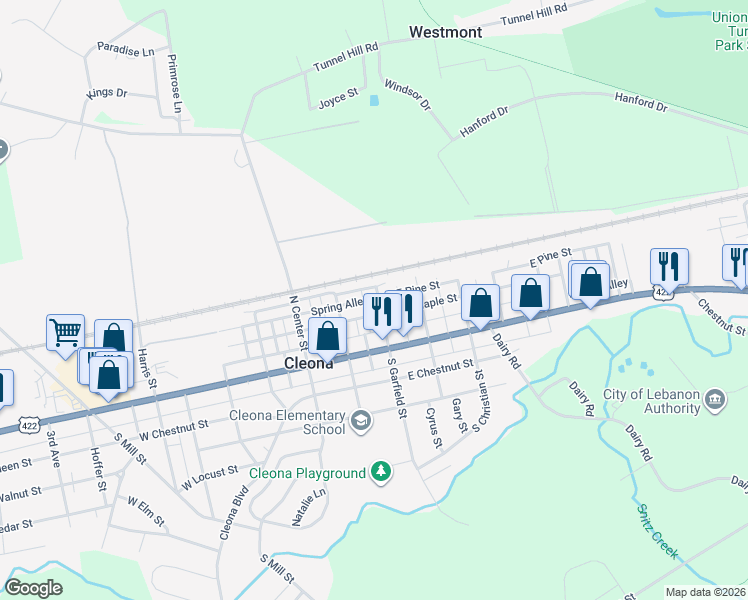 map of restaurants, bars, coffee shops, grocery stores, and more near 121 North Garfield Street in Cleona