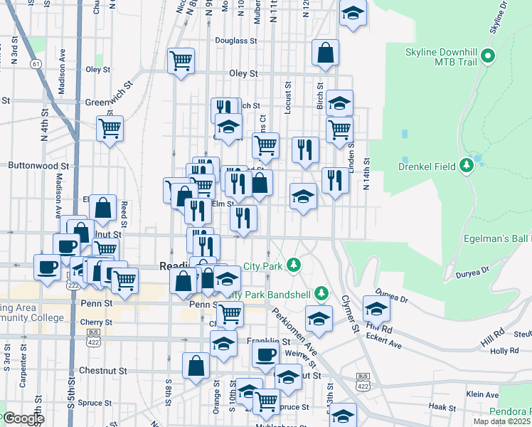 map of restaurants, bars, coffee shops, grocery stores, and more near 248 North 11th Street in Reading
