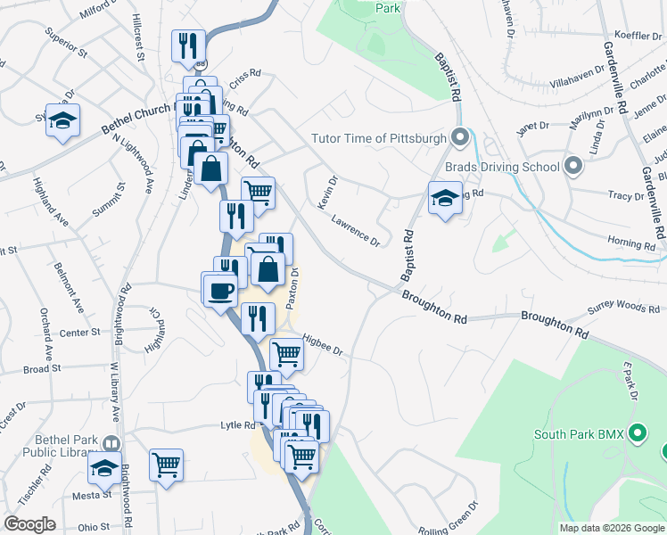 map of restaurants, bars, coffee shops, grocery stores, and more near 400 Broughton Road in Bethel Park