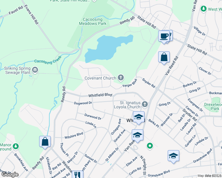 map of restaurants, bars, coffee shops, grocery stores, and more near 1300 Fieldstone Road in Sinking Spring