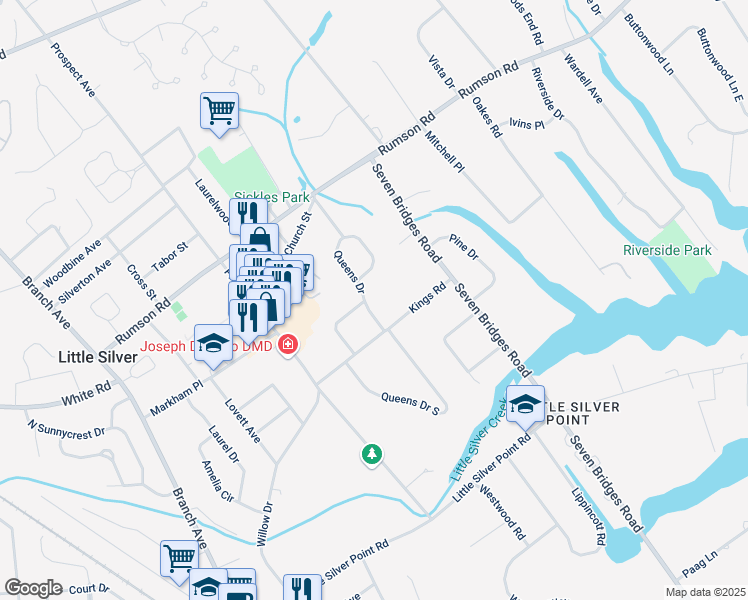 map of restaurants, bars, coffee shops, grocery stores, and more near 66 Queens Drive South in Little Silver