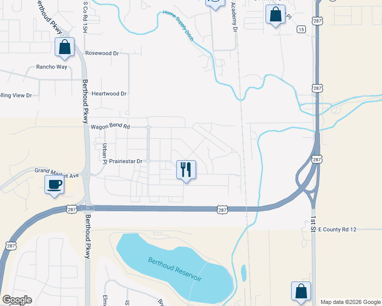 map of restaurants, bars, coffee shops, grocery stores, and more near 566 Ranchhand Drive in Berthoud