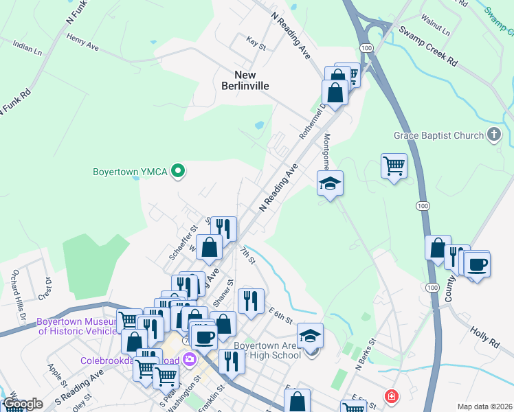 map of restaurants, bars, coffee shops, grocery stores, and more near 429 North Reading Avenue in Boyertown