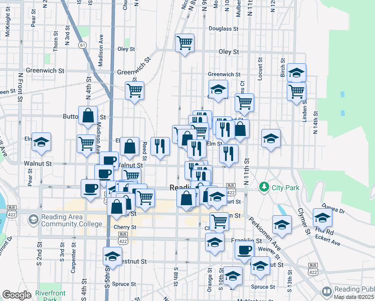 map of restaurants, bars, coffee shops, grocery stores, and more near 238 Cedar Street in Reading
