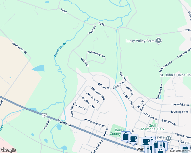map of restaurants, bars, coffee shops, grocery stores, and more near 45 Sabrina Street in Wernersville