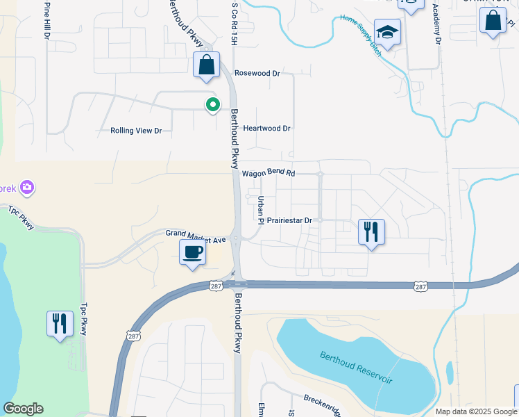 map of restaurants, bars, coffee shops, grocery stores, and more near 2878 Urban Place in Berthoud