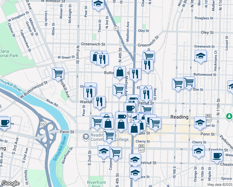 map of restaurants, bars, coffee shops, grocery stores, and more near in Reading