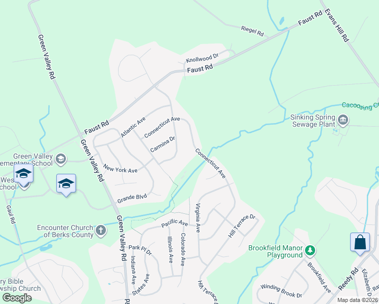 map of restaurants, bars, coffee shops, grocery stores, and more near 118 Connecticut Avenue in Sinking Spring