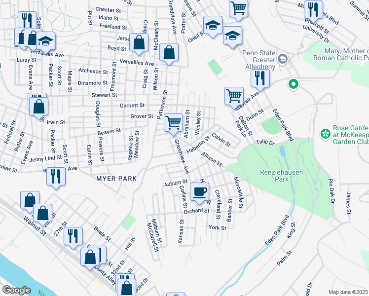 map of restaurants, bars, coffee shops, grocery stores, and more near 3506 Mayfair Street in McKeesport