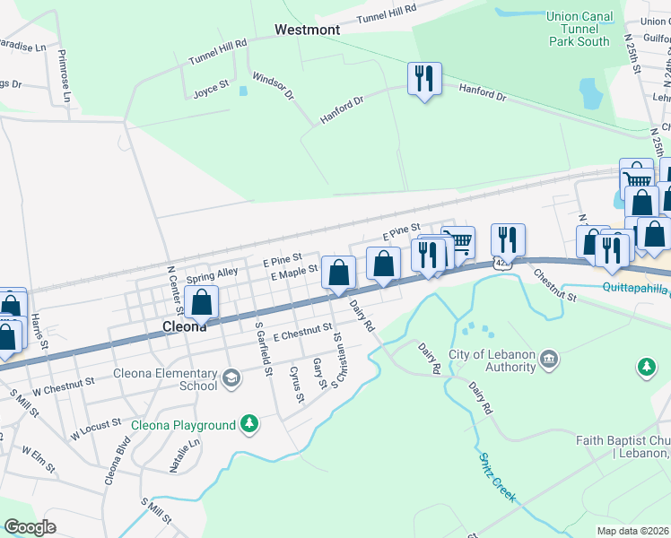 map of restaurants, bars, coffee shops, grocery stores, and more near 412 East Maple Street in Cleona