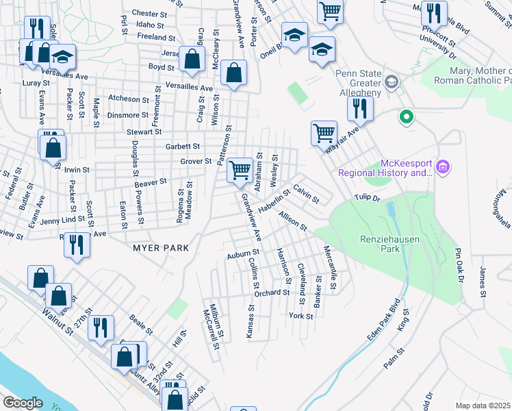 map of restaurants, bars, coffee shops, grocery stores, and more near 3506 Mayfair Street in McKeesport