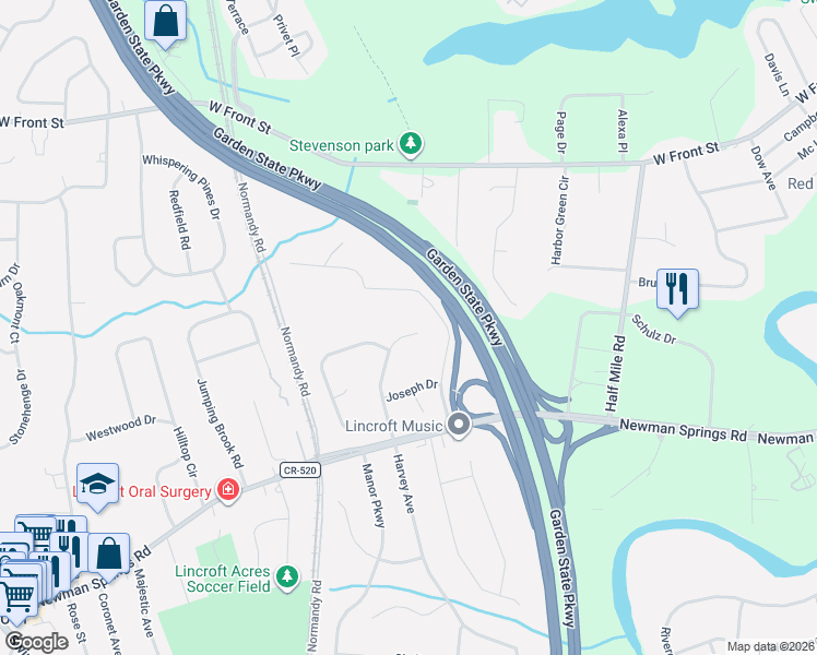 map of restaurants, bars, coffee shops, grocery stores, and more near 29 Neville Drive in Middletown Township