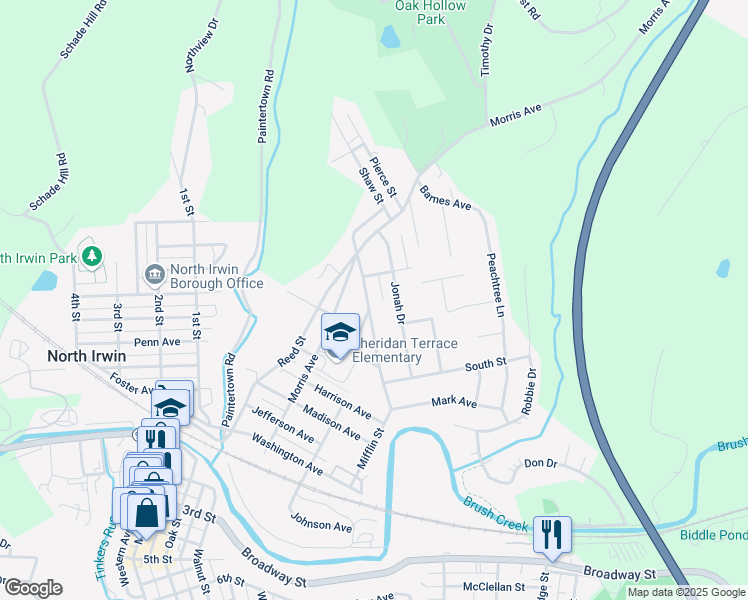 map of restaurants, bars, coffee shops, grocery stores, and more near 1459 Jeffrey Drive in Irwin