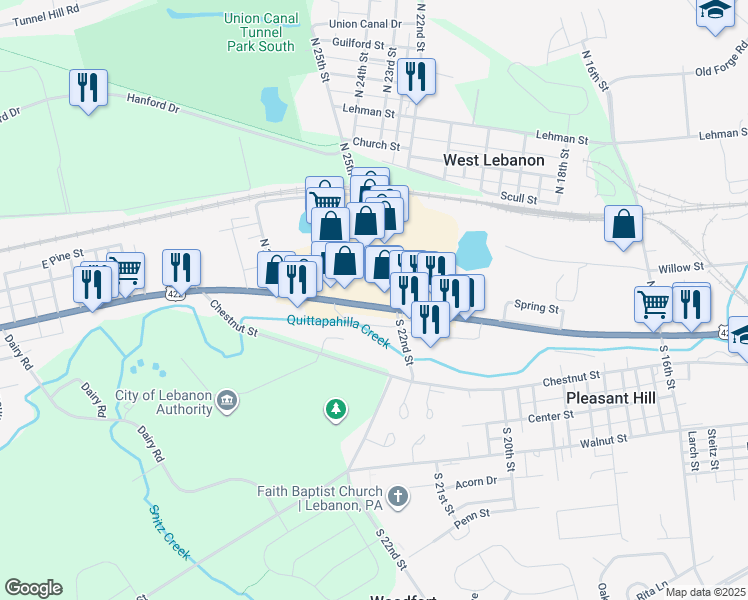 map of restaurants, bars, coffee shops, grocery stores, and more near 2213 Cumberland Street in Lebanon
