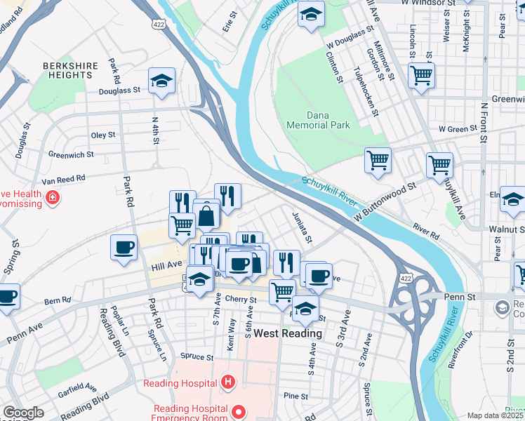 map of restaurants, bars, coffee shops, grocery stores, and more near 305 Tulpehocken Avenue in West Reading