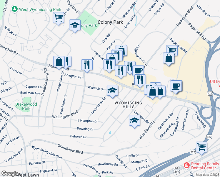 map of restaurants, bars, coffee shops, grocery stores, and more near 462 Warwick Drive in Wyomissing