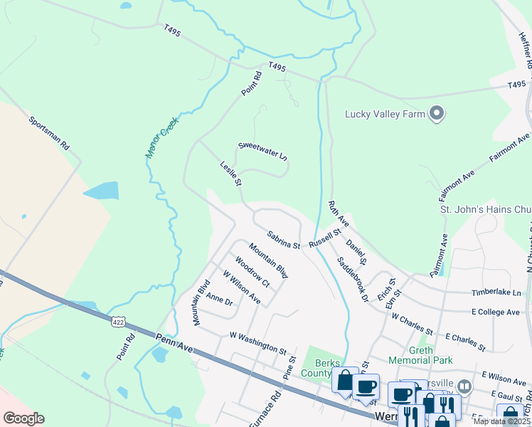 map of restaurants, bars, coffee shops, grocery stores, and more near 47 Sabrina Street in Wernersville
