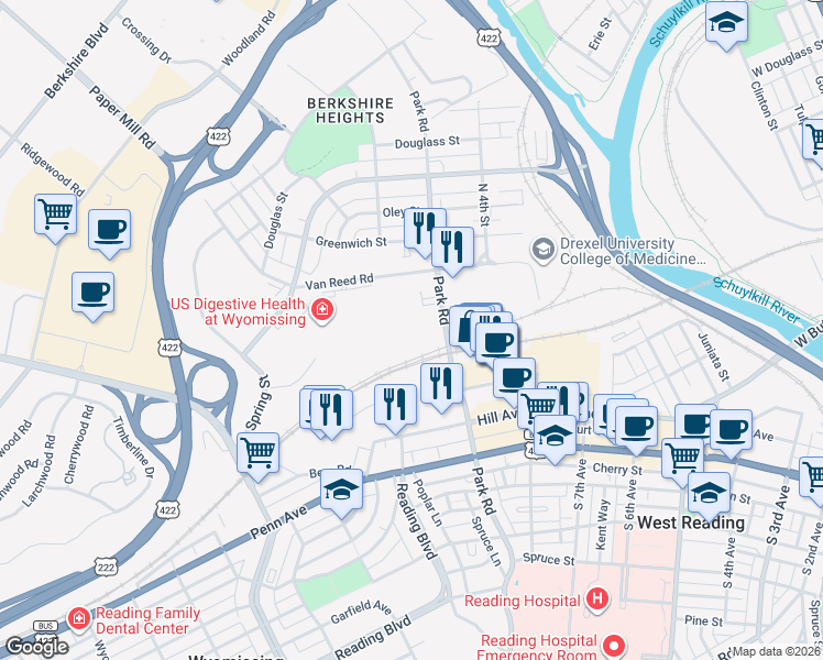 map of restaurants, bars, coffee shops, grocery stores, and more near 220 North Park Road in Wyomissing