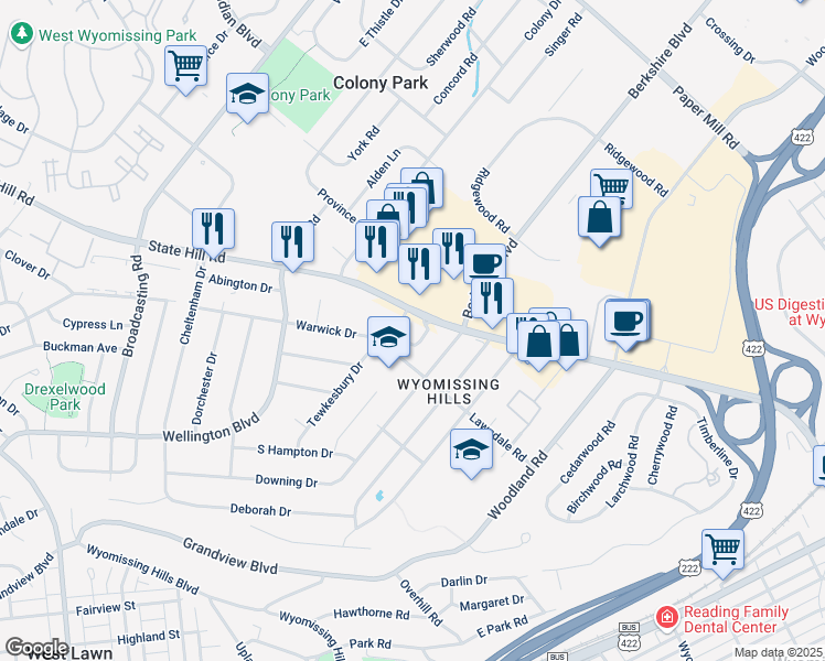 map of restaurants, bars, coffee shops, grocery stores, and more near 2210 State Hill Road in Wyomissing