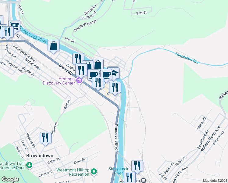map of restaurants, bars, coffee shops, grocery stores, and more near 216 Chestnut Street in Johnstown
