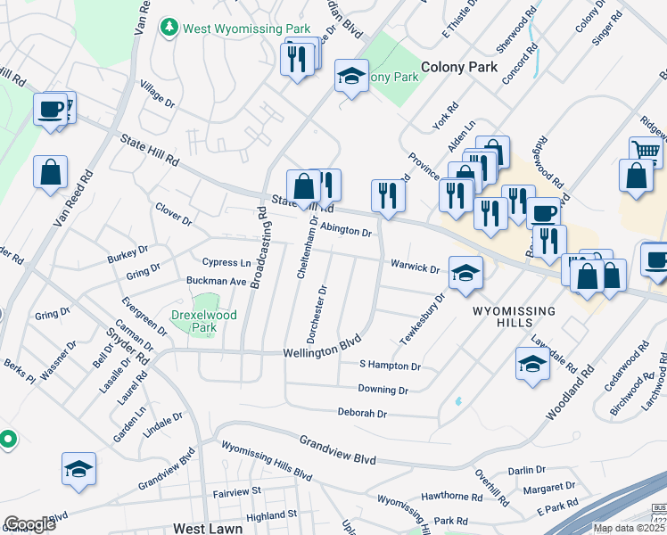 map of restaurants, bars, coffee shops, grocery stores, and more near 23 Dorchester Drive in Reading