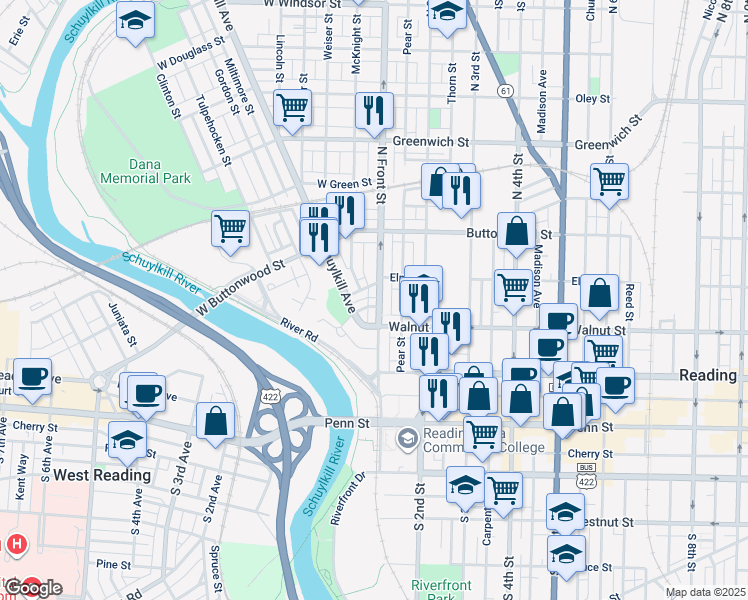 map of restaurants, bars, coffee shops, grocery stores, and more near 206 North Front Street in Reading