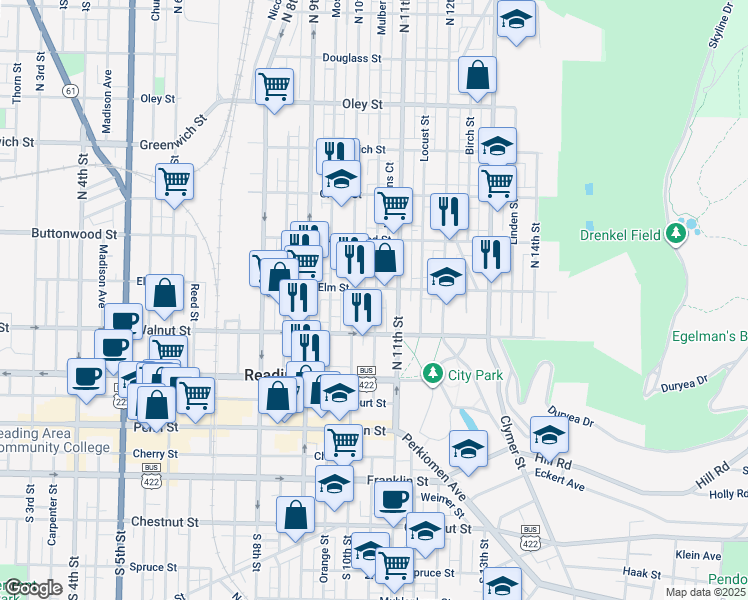 map of restaurants, bars, coffee shops, grocery stores, and more near 248 Mulberry Street in Reading