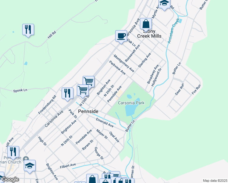 map of restaurants, bars, coffee shops, grocery stores, and more near 902 Penndale Avenue in Reading