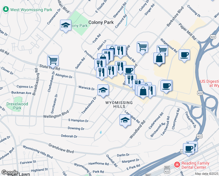 map of restaurants, bars, coffee shops, grocery stores, and more near 2210 State Hill Road in Wyomissing
