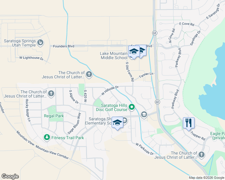 map of restaurants, bars, coffee shops, grocery stores, and more near 1248 South Parkside Drive in Saratoga Springs