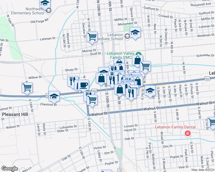 map of restaurants, bars, coffee shops, grocery stores, and more near 12 North 10th Street in Lebanon