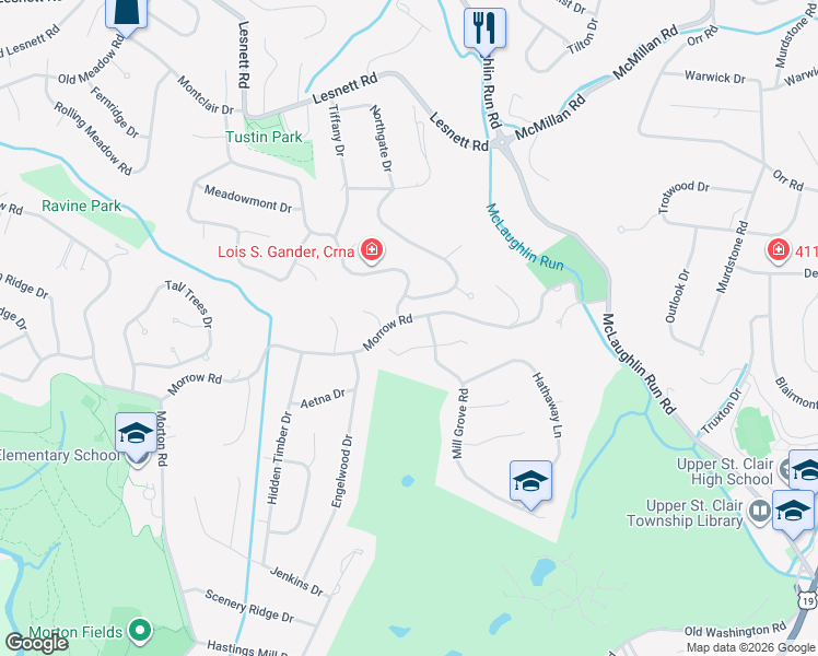 map of restaurants, bars, coffee shops, grocery stores, and more near 2299 Morrow Road in Upper Saint Clair
