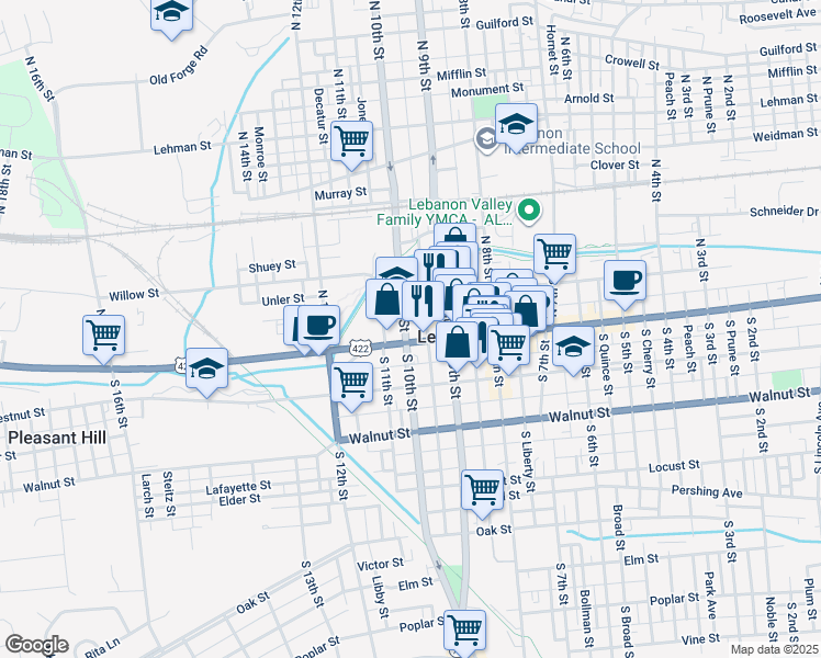 map of restaurants, bars, coffee shops, grocery stores, and more near 14 North 10th Street in Lebanon