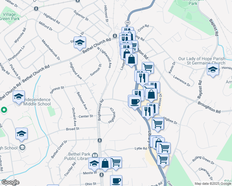 map of restaurants, bars, coffee shops, grocery stores, and more near 5071 Lindermer Avenue in Bethel Park