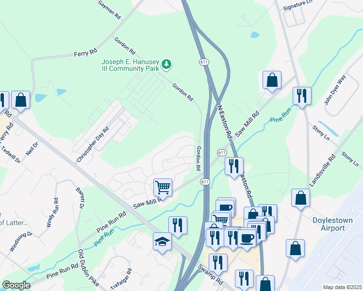 map of restaurants, bars, coffee shops, grocery stores, and more near 5471 Rinker Circle in Doylestown