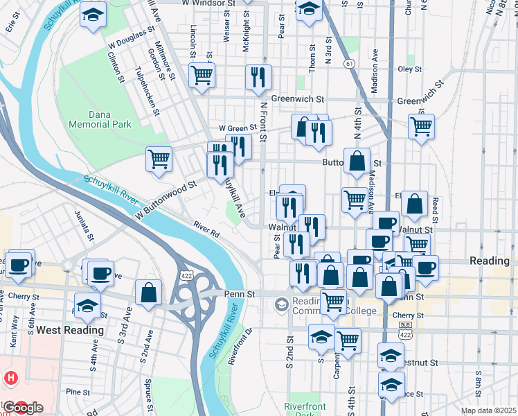 map of restaurants, bars, coffee shops, grocery stores, and more near 208 North Front Street in Reading