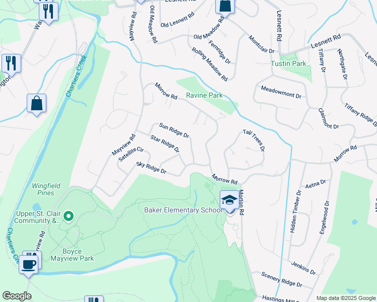 map of restaurants, bars, coffee shops, grocery stores, and more near 1330 Sun Ridge Drive in Pittsburgh