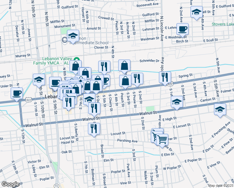 map of restaurants, bars, coffee shops, grocery stores, and more near 338 Cumberland Street in Lebanon