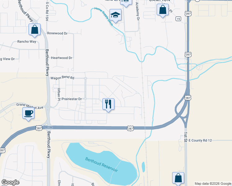 map of restaurants, bars, coffee shops, grocery stores, and more near 566 Ranchhand Drive in Berthoud