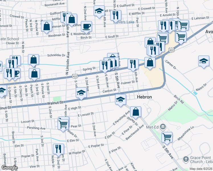 map of restaurants, bars, coffee shops, grocery stores, and more near 320 East Chestnut Street in Lebanon