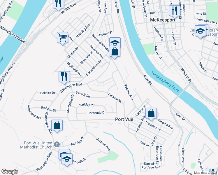 map of restaurants, bars, coffee shops, grocery stores, and more near 308 San Jose Drive in McKeesport