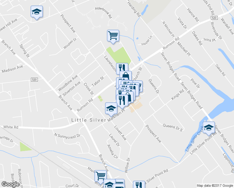 map of restaurants, bars, coffee shops, grocery stores, and more near 464 Prospect Avenue in Little Silver
