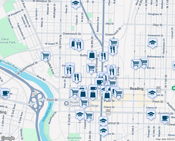 map of restaurants, bars, coffee shops, grocery stores, and more near in Reading