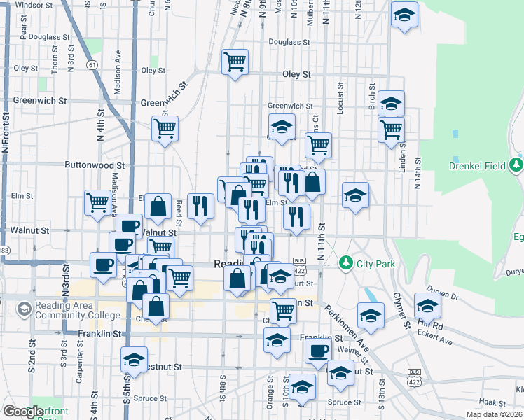 map of restaurants, bars, coffee shops, grocery stores, and more near 245 North 9th Street in Reading